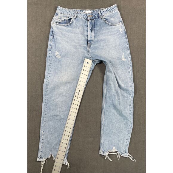 Zara High Rise Mom Jeans Women 12 Light Wash Thrashed Hem Distressed Y2K Grunge - Picture 3 of 13